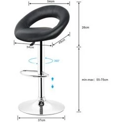 YONGQING 2* Tabourets De Bar Rembourré Simili Cuir Ménager Réglable En Hauteur Rond Noir - Noir -banc et tabouret Soldes Boutique 36841857 3