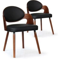 LES TENDANCES Chaise Bois Noisette Et Simili Noir Sofa - Lot De 2