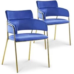 LES TENDANCES Chaise Avec Accoudoirs Velours Bleu Et Pieds Métal Doré Alexi - Lot De 2