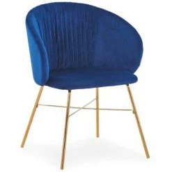 LES TENDANCES Chaise Avec Accoudoirs Velours Bleu Et Pieds Métal Doré Drag