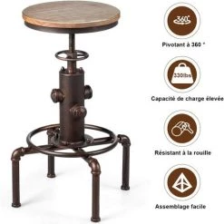 COSTWAY Tabouret De Bar Style Industriel Vintage,Tabourets Hauts, Hauteur Réglable 60-75cm Avec Repose-Pied Et Siège Rond à 360° 2 Pièces -banc et tabouret Soldes Boutique 41377942 3