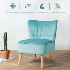 COSTWAY Fauteuil D'Appoint En Velours, Siège Capitonné Epais Dossier à Ailettes Pieds En Bois D'Hévéa De Style Scandinaves Vert