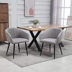 HOMCOM Chaises De Visiteur Design Scandinave - Lot De 2 Chaises - Pieds Inclinés Effilés Métal Noir - Assise Dossier Accoudoirs Ergonomiques Aspect Lin Gris -banc et tabouret Soldes Boutique 41918993 4