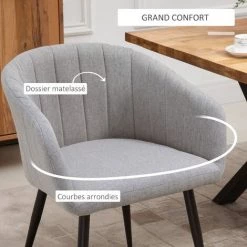 HOMCOM Chaises De Visiteur Design Scandinave - Lot De 2 Chaises - Pieds Inclinés Effilés Métal Noir - Assise Dossier Accoudoirs Ergonomiques Aspect Lin Gris -banc et tabouret Soldes Boutique 41918993 5