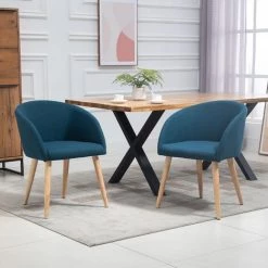 HOMCOM Chaises De Visiteur Design Scandinave - Lot De 2 Chaises - Pieds Inclinés Effilés Bois Caoutchouc - Assise Dossier Accoudoirs Ergonomiques Aspect Lin Bleu Canard - Bleu -banc et tabouret Soldes Boutique 41918998 4
