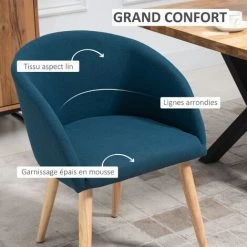 HOMCOM Chaises De Visiteur Design Scandinave - Lot De 2 Chaises - Pieds Inclinés Effilés Bois Caoutchouc - Assise Dossier Accoudoirs Ergonomiques Aspect Lin Bleu Canard - Bleu -banc et tabouret Soldes Boutique 41918998 5
