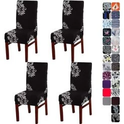 TANABATA 4X Housses De Chaise Salle à Manger Couvertures Étendue Housse Élastique Étirable Chaises Spandex Couverture Protecteur Pour La Salle Manger Mariage Fête D'hôtel Noir Blanc Aile