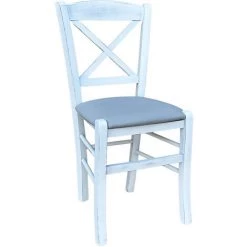OKAFFAREFATTO Chaise En Bois Venezia Avec Dossier En Croix Blanc Antique, Assise Simili-cuir Gris Glacier