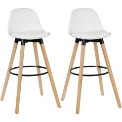 YONGQING Lot De 2 Tabourets De Bar - Simili Blanc - Pieds En Bois Hêtre Massif - Style Scandinave - Blanc