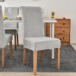 LITZEE 4pcs Housse De Chaise En Velours,Spandex De Bout Droit Avec La Bande élastique, La Grande Dame De Velours Dinant La Chaise Pour Le Banquet De Fête D'hôtel De Restaurant Gris Clair -banc et tabouret Soldes Boutique 43307088 3