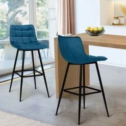IDMARKET Lot De 4 Tabourets De Bar MADY En Velours Bleu -banc et tabouret Soldes Boutique 43413095 3