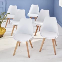 ALICE'S GARDEN Lot De 6 Chaises Scandinaves, Pieds Bois De Hêtre, Fauteuils 1 Place, Blancs - Blanc