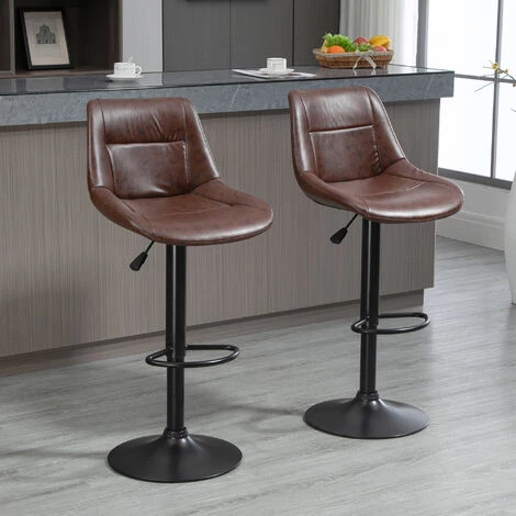 HOMCOM Lot De 2 Tabourets De Bar Vintage Réglable Pivotant Avec Repose-pied Revêtement Synthétique Marron Effet Vieilli - Marron 4 HOMCOM Lot De 2 Tabourets De Bar Vintage Réglable Pivotant Avec Repose-pied Revêtement Synthétique Marron Effet Vieilli - Marron – Image 2