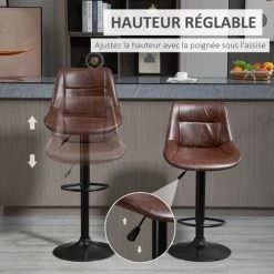 HOMCOM Lot De 2 Tabourets De Bar Vintage Réglable Pivotant Avec Repose-pied Revêtement Synthétique Marron Effet Vieilli - Marron 11 HOMCOM Lot De 2 Tabourets De Bar Vintage Réglable Pivotant Avec Repose-pied Revêtement Synthétique Marron Effet Vieilli - Marron -banc et tabouret Soldes Boutique 44807720 5