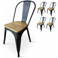banc et tabouret Soldes Boutique 16 KOSMI - Lot De 4 Chaises Noires En Métal Et Bois Clair Style Industriel Factory En Métal Noir Mat Et Assise En Bois Clair - Noir