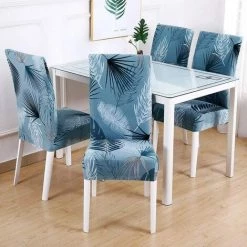 PERLE RARE Housse De Chaise De Salle à Manger Extensible 4 Pièces Couverture De Chaise Universelle Imprimé Revêtement De Chaise Antidérapant Pour Maison Hôtel Décor De Restaurant Feuilles Bleues -banc et tabouret Soldes Boutique 45597633 4