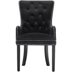 LIFE INTERIORS Chaise Capitonnée En Velours Noire - Avec Accoudoirs - Style Classique & Design - Pieds En Bois - Salle à Manger, Salon Ou Coiffeuse - Noir -banc et tabouret Soldes Boutique 45807088 3