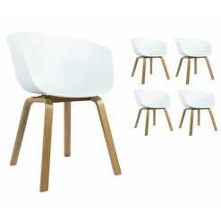 KOSMI Lot De 4 Chaises Scandinaves Très Confortables Avec Coque En Résine Blanche Et Pieds Bois