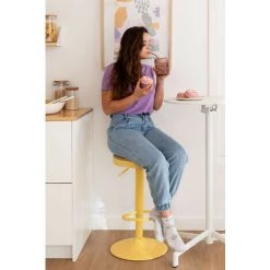 Tabouret Haut Réglable En Acier Et Bois D'Orme Bardder SKLUM Acier - Bois D'orme - Mousse Citron -banc et tabouret Soldes Boutique 49345221 3