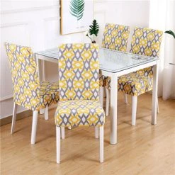 ECHOO Housse De Chaise 4/6 Pièces Couverture De Chaise Universelle Facile à Nettoyer Et Durable Pour Hôtels, Fêtes, Maison, Restaurants, Cuisines (Géométrie Jaune-Gris, 4 Pièces)