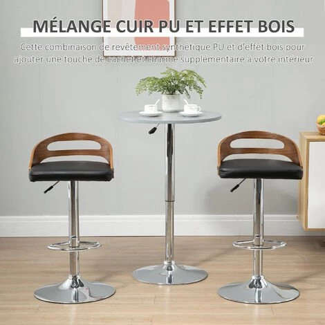 HOMCOM Lot De 2 Tabourets De Bar Design Contemporain Hauteur D'assise Réglable Pivotant 360° Revêtement Synthétique Noir Dossier Ajouré Aspect Bois - Noir 6 HOMCOM Lot De 2 Tabourets De Bar Design Contemporain Hauteur D'assise Réglable Pivotant 360° Revêtement Synthétique Noir Dossier Ajouré Aspect Bois - Noir – Image 4