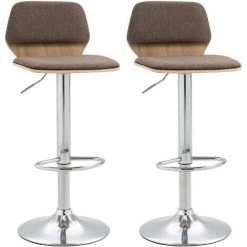 HOMCOM Lot De 2 Tabourets De Bar Design Contemporain Hauteur D'assise Réglable Pivotant 360° Revêtement Assise Dossier Polyester Taupe Structure Aspect Bois Clair