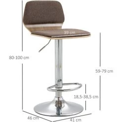 HOMCOM Lot De 2 Tabourets De Bar Design Contemporain Hauteur D'assise Réglable Pivotant 360° Revêtement Assise Dossier Polyester Taupe Structure Aspect Bois Clair -banc et tabouret Soldes Boutique 50909064 3
