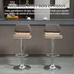 HOMCOM Lot De 2 Tabourets De Bar Design Contemporain Hauteur D'assise Réglable Pivotant 360° Revêtement Assise Dossier Polyester Taupe Structure Aspect Bois Clair -banc et tabouret Soldes Boutique 50909064 4