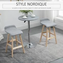 HOMCOM Tabourets De Bar Style Scandinave - Lot De 2 Tabourets De Bar Avec Repose-pieds - Bois De Sapin Tissu Polyester Aspect Lin Gris - Gris -banc et tabouret Soldes Boutique 50909065 4