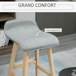 HOMCOM Tabourets De Bar Style Scandinave - Lot De 2 Tabourets De Bar Avec Repose-pieds - Bois De Sapin Tissu Polyester Aspect Lin Gris - Gris -banc et tabouret Soldes Boutique 50909065 5