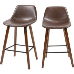 HOMCOM Lot De 2 Tabourets De Bar Vintage Avec Repose-pied Structure Bois Revêtement Synthétique Marron Effet Vieilli - Marron -banc et tabouret Soldes Boutique 50909069 4
