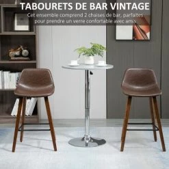 HOMCOM Lot De 2 Tabourets De Bar Vintage Avec Repose-pied Structure Bois Revêtement Synthétique Marron Effet Vieilli - Marron -banc et tabouret Soldes Boutique 50909069 5