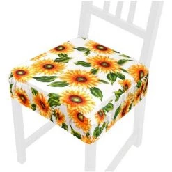 EMMEVI Coussin Pour Chaise En Coton Amovible Lavable Bande Élastique Housse De Chaise Tournesols - Blanc