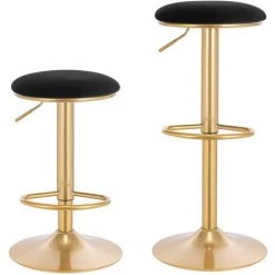 WOLTULot De 2 Tabouret De Bar Avec Repose-Pieds - Tabouret Rond Haut Métallique Hauteur Réglable (61-82cm) - Noir + Or - Noir + Or