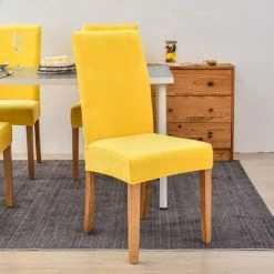 LITZEE 4pcs Housse De Chaise En Velours,Spandex De Bout Droit Avec La Bande élastique, La Grande Dame De Velours Dinant La Chaise Pour Le Banquet De Fête D'hôtel De Restaurant Jaune Vif -banc et tabouret Soldes Boutique 51554989 3