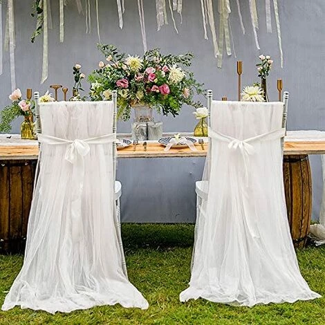 LITZEE 2 Pièces Housse De Chaise Mariage En Tulle Blanc Romantique Duveteux Couverture Tulle Mariage Décoration De Ceremonie Fête Anniversaire 260 * 150cm 3 LITZEE 2 Pièces Housse De Chaise Mariage En Tulle Blanc Romantique Duveteux Couverture Tulle Mariage Décoration De Ceremonie Fête Anniversaire 260 * 150cm