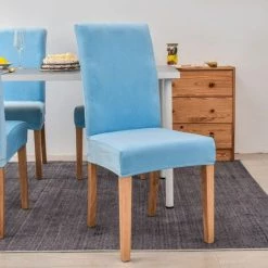 LITZEE 4pcs Housse De Chaise En Velours,Spandex De Bout Droit Avec La Bande élastique, La Grande Dame De Velours Dinant La Chaise Pour Le Banquet De Fête D'hôtel De Restaurant Bleu Ciel -banc et tabouret Soldes Boutique 51555519 3