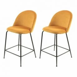 MEUBLETMOI Lot De 2 Chaises De Bar En Velours Jaune Piètement Métal Noir - FARA - Jaune