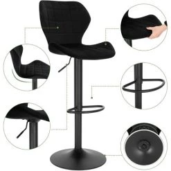 WOLTU Lot De 2 Tabouret De Bar En Velours.Réglables En Hauteur.Pivotant à 360°avec Dossier Repose-Pieds.Noir.siège 48x38cm -banc et tabouret Soldes Boutique 53818880 4