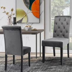 MERAX Lot De 2 Chaise Capitonnée En Velours Gris Foncé - Pieds En Bois - Style Scandinave - Salle à Manger, Salon Ou Coiffeuse - L 46 X P 50 X H 109 Cm -banc et tabouret Soldes Boutique 53914004 2