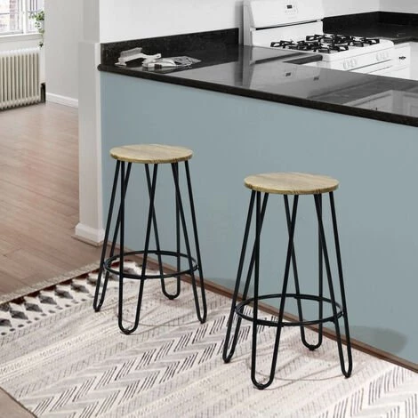 URBAN MEUBLE Lot De 2 Tabourets De Bar Indus Hauteur 63 Cm Pied Noir Couleur Bois Chêne 4 URBAN MEUBLE Lot De 2 Tabourets De Bar Indus Hauteur 63 Cm Pied Noir Couleur Bois Chêne – Image 2