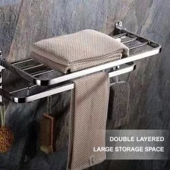 LIFCAUSAL Porte-serviettes De Bain étagères De Salle De Bain Pliables à Double Couche Avec Crochets Amovibles Porte-serviettes Mural Porte-serviettes 23 Pouces étagère à Serviettes En Acier Inoxydable Antirouille -banc et tabouret Soldes Boutique 54378298 4