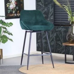 DIMEHOUSE Luna Tabouret De Bar Industriel Vert Foncé Velours - Vert