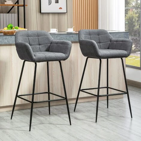 HOMCOM Lot De 2 Tabourets De Bar Design Assise Dossier Capitonné Repose-pied Acier Noir Aspect Lin Gris - Gris 4 HOMCOM Lot De 2 Tabourets De Bar Design Assise Dossier Capitonné Repose-pied Acier Noir Aspect Lin Gris - Gris – Image 2