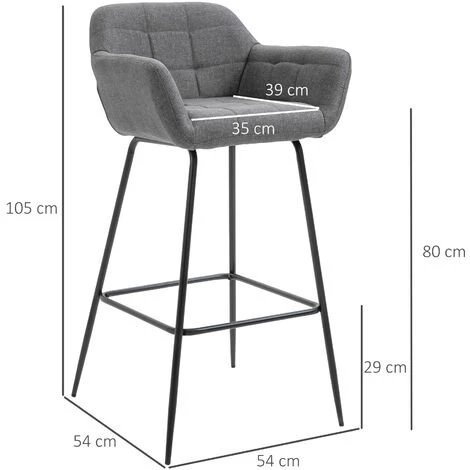 HOMCOM Lot De 2 Tabourets De Bar Design Assise Dossier Capitonné Repose-pied Acier Noir Aspect Lin Gris - Gris 5 HOMCOM Lot De 2 Tabourets De Bar Design Assise Dossier Capitonné Repose-pied Acier Noir Aspect Lin Gris - Gris – Image 3