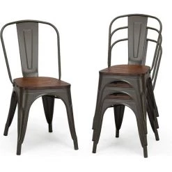 GOPLUS Lot De 4 Chaises En Métal Salle à Manger, Chaises Avec Assise De Style Industriel, Vintage En Bois Massif, Tabouret Empilable Avec Dossier Pour Jardin Balcon (Vintage)