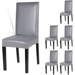WINBO Housses De Chaise De Salle à Manger, Housse Extensible En Cuir PU Solide Imperméable Et Résistant à L'huile, 2, Gris
