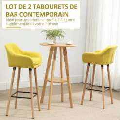 HOMCOM Tabourets De Bar Design Scandinave - Lot De 2 Tabourets De Bar Grand Confort Avec Repose-pieds Et Accoudoirs - Bois De Hêtre Lin Jaune Moutarde - Jaune 11 HOMCOM Tabourets De Bar Design Scandinave - Lot De 2 Tabourets De Bar Grand Confort Avec Repose-pieds Et Accoudoirs - Bois De Hêtre Lin Jaune Moutarde - Jaune -banc et tabouret Soldes Boutique 60940570 5