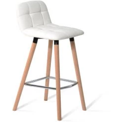 BENOBBY KIDS Ensemble De 2 Tabourets De Bar En PU Pieds En Bois Avec Dossier + Repose-pieds Chaise De Cuisine Chaise ，haute Pour Petit Déjeuner ， Repose-Pieds Tabouret De Bar ，Chaise Repose-Pieds， Dossie ，（Blanc）
