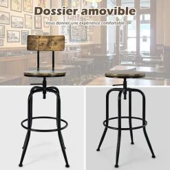 COSTWAY Lot De 2 Tabourets De Bar Industriels/Chaises De Bar, Pivotant Sur 360°, Hauteur Réglable De 69 à 76 CM,Dossier De Siège Amovible, Cadre En Métal Pour Pub, Bistrot -banc et tabouret Soldes Boutique 64447338 3
